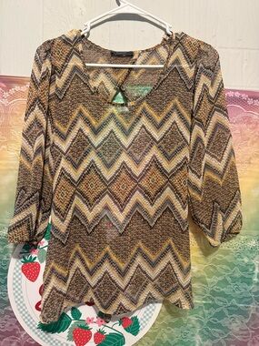 Poetry Multicolor Chevron Print Top in Mustard, Brown and Teal